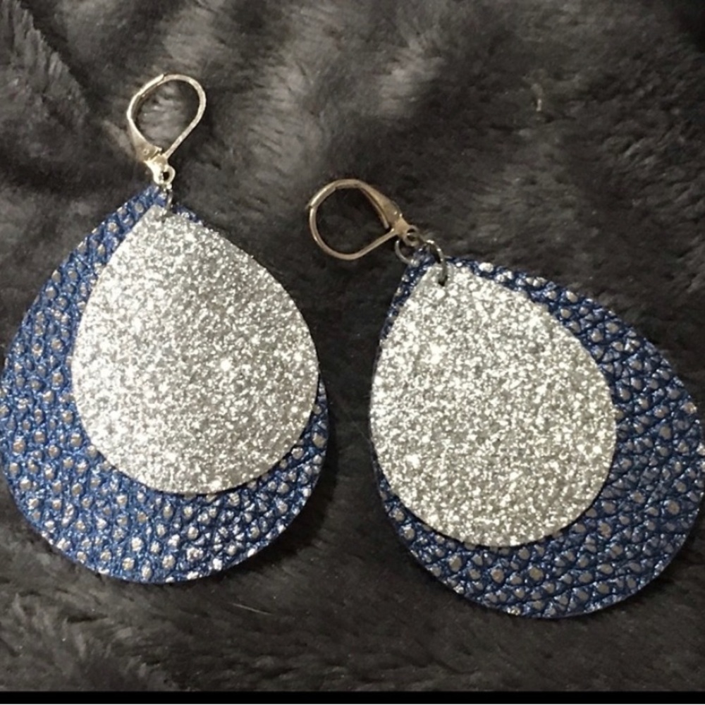 Navy Tear drop and silver sparkly dangle earrings